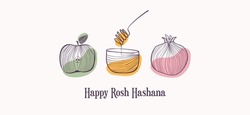 Rosh Hashana, Jewish Holiday. Translation From Hebrew - Happy New Year. Apple, Honey And Pomegranate Jewish New Year Symbols And Icons. Vector Illustration