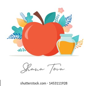 Rosh Hashana, Jewish holiday. Translation from Hebrew - Happy New Year. Apple, honey, flowers and leaves, Jewish New Year symbols and icons. Vector illustration