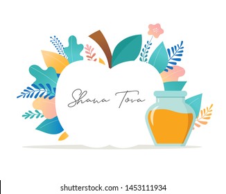 Rosh Hashana, Jewish holiday. Translation from Hebrew - Happy New Year. Apple, honey, pomegranate, flowers and leaves, Jewish New Year symbols and icons. Vector illustration