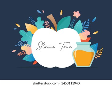 Rosh Hashana, Jewish Holiday. Translation From Hebrew - Happy New Year. Apple, Honey, Pomegranate, Flowers And Leaves, Jewish New Year Symbols And Icons. Vector Illustration