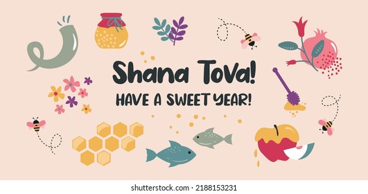 Rosh Hashana, Jewish holiday. Translation from Hebrew - Happy New Year. Apple, honey, pomegranate, flowers and leaves, Jewish New Year symbols and icons. Vector illustration