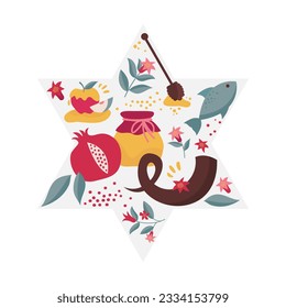 Rosh Hashana, Jewish holiday. Translation from Hebrew - Happy New Year. Apple, honey, pomegranate, Jewish horn and leaves, Jewish New Year symbols and icons. Vector illustration