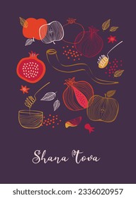 Rosh Hashana, Jewish holiday. Translation from Hebrew - Happy New Year. Apple, honey, pomegranate, Jewish horn and leaves, Jewish New Year symbols and icons. Vector illustration