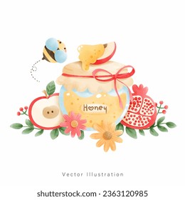 Rosh Hashana, Jewish holiday watercolor style. Vextor illustration