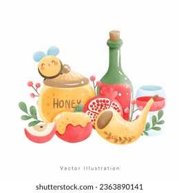 Rosh Hashana, Jewish holiday watercolor style. Vextor illustration