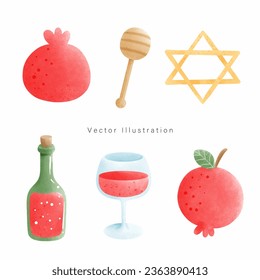 Rosh Hashana, Jewish holiday watercolor style. Vextor illustration