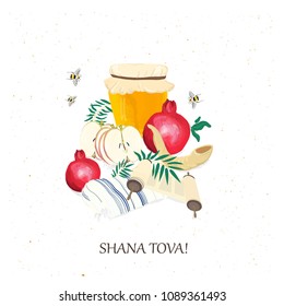 Rosh Hashana jewish new year greeting card. Honey, apple, pomegranate, bees, flowers. Vector illustration.