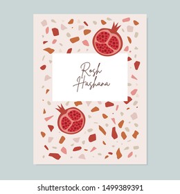 Rosh Hashana, Jewish New Year greeting card, invitation. Modern terrazzo textured background with pomegranate fruit. Vector illustration background, flat design template.