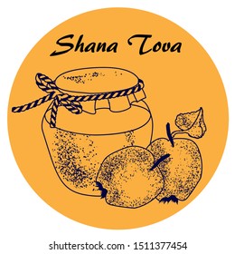Rosh Hashana jewish new year,  honey with apple , isolated on  white background, vector illustration