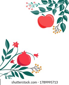 Rosh Hashana, jüdische Neujahrskarte mit Granatapfel, Apfel und Blumen. Vektorgrafik