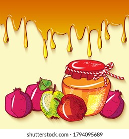 Rosh Hashana jewish new year,  honey with apple, greeting card SHana Tova, Good New Year, isolated on yellow background, vector illustration