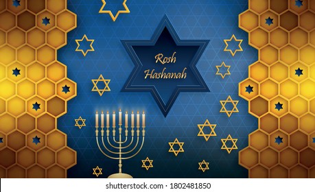 Rosh hashana jewish new year, the Rosh Hashanah holiday with nice and creative jewish symbols and gold paper cut style on color background for shana Tova – bessing of happy new year