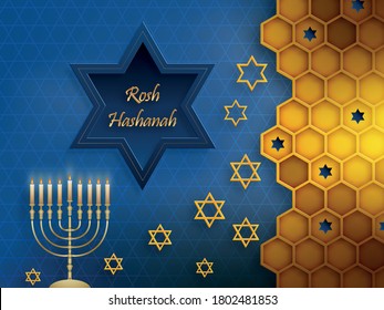 Rosh hashana jewish new year, the Rosh Hashanah holiday with nice and creative jewish symbols and gold paper cut style on color background for shana Tova – bessing of happy new year