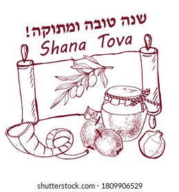 Rosh Hashana jewish new year,  honey with apple, black and white greeting card SHana Tova, text " Good New Year" in hebrew language, isolated on  white background, vector illustration