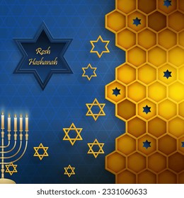 Rosh hashana jewish new year, the Rosh Hashanah holiday with nice and creative jewish symbols and gold paper cut style on color background for shana Tova – bessing of happy new year