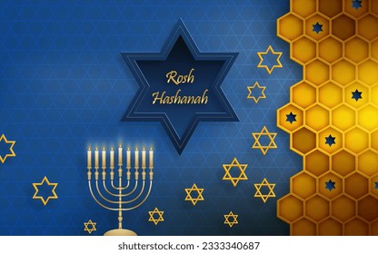 Rosh hashana jewish new year, the Rosh Hashanah holiday with nice and creative jewish symbols and gold paper cut style on color background for shana Tova – bessing of happy new year