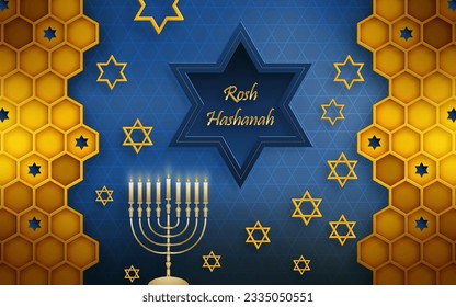 Rosh hashana jewish new year, the Rosh Hashanah holiday with nice and creative jewish symbols and gold paper cut style on color background for shana Tova – bessing of happy new year