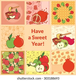 Rosh hashana (Jewish New Year) greeting card set. Rosh Hashana background.  Hand drawing vector illustration