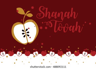 Rosh Hashana (jewish new year) vector greeting card with golden apple and calligraphy text on Hebrew: Shanah Tovah -  have a good year.