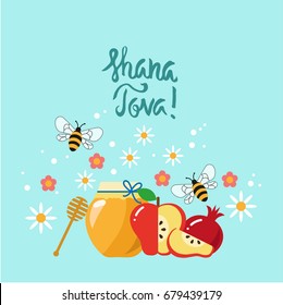 Rosh Hashana jüdische neue Jahr Grußkarte. Honig, Apfel, Granatapfel, Bienen, Blumen.  Vektorgrafik.