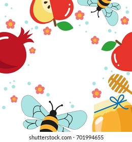 Rosh Hashana poster. Pomegranate, apple, honey, bees, flowers. Jewish new year celebration.