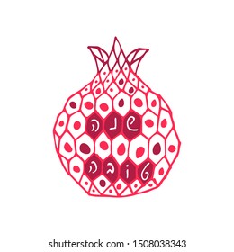 Rosh hashana red and white card. Greeting text Shana tova on Hebrew. Pomegranate - symbol of Jewish New Year. Ruby Geometric 
honeycombs on white. Hand drawn, handwritten. Israel national holiday