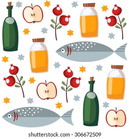 Rosh Hashana seamless pattern with honey, fish, fruit and stars, vector illustration background, flat design 