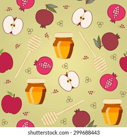 Rosh Hashana seamless pattern. Vector background for wallpaper, gift package decoration, wrapping paper, greeting card with Jewish New Year symbols - Apple, Pomegranate, Honey Jar & Dipper. Editable