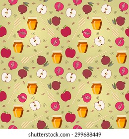 Rosh Hashana seamless pattern. Vector background for wallpaper, gift package decoration, wrapping paper, greeting card with Jewish New Year symbols - Apple, Pomegranate, Honey Jar & Dipper. Editable