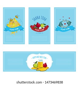 Rosh Hashana Set of Greeting card and labels banners with symbols of Jewish New Year holiday icons, blessing of Happy new year Shana Tova in Hebrew . Vector illustration template design