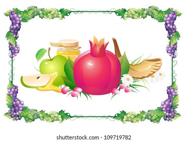 rosh hashana traditional holiday still life, apple, honey and shofar