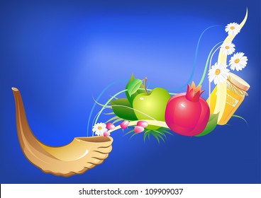 rosh hashana traditional holiday still life, apple, honey and shofar