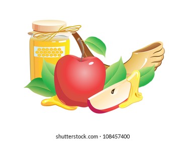 rosh hashana traditional still life. apple, honey and shofar