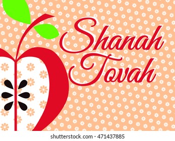 Rosh Hashana vector illustration of red apple and flowers pattern. Text on hebrew: Shana Tova - have a good year. Rosh Hashanah vector greeting card template. 