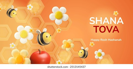 Rosh Hashanah 3D. Honey with bees, flowers, and an apple. A joyful holiday set for Rosh Hashana card design