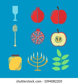 
Rosh Hashanah, apple, pomegranate, glass, honey, spoon for honey, foliage, Menorah, Hanukkah 