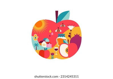 Rosh Hashanah background, apple banner with flat geometric pattern. Shana Tova, Happy Jewish New Year, concept vector design, illustration