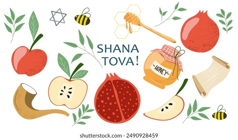 Rosh Hashanah background art with holiday attributes, apples, honey, bee, shofan horn, pomegranate in vector cartoon style for cover design, postcard, frame, packaging, greetings. Shova Tova!