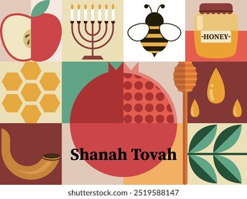 Rosh Hashanah Hintergrund, Banner mit Häkchen und Menora, Shofar Horn, Honig, Äpfel, Granatäpfel. Shana Tovah, Frohes jüdisches Neujahr, Konzept, Vektordesign.