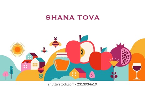 Rosh Hashanah background, banner, flat geometric graphic style. Shana Tova, Happy Jewish New Year, concept vector design