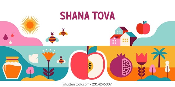 Rosh Hashanah background, banner, flat geometric graphic style. Shana Tova, Happy Jewish New Year, concept vector design