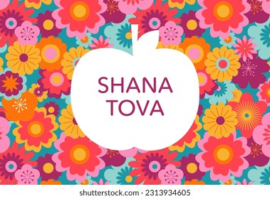 Rosh Hashanah background, banner with floral pattern and apple. Shana Tova, Happy Jewish New Year, concept vector design, illustration