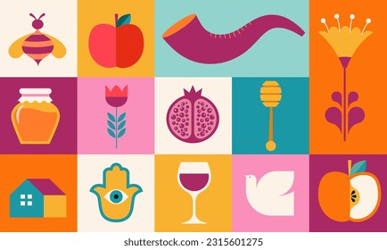 Rosh Hashanah background, banner, geometric graphic style. Shana Tova, Happy Jewish New Year, concept vector design