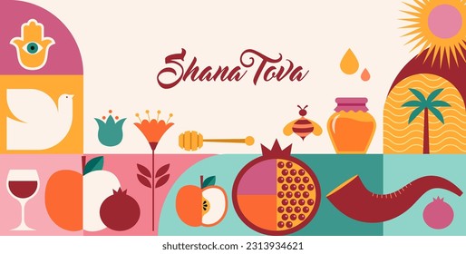 Rosh Hashanah background, banner with icons flat geometric graphic style. Shana Tova, Happy Jewish New Year, concept vector design