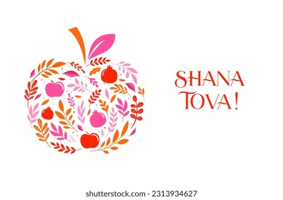 Rosh Hashanah background, floral banner with plants, flowers, apples and pomegranate . Shana Tova, Happy Jewish New Year, concept vector design