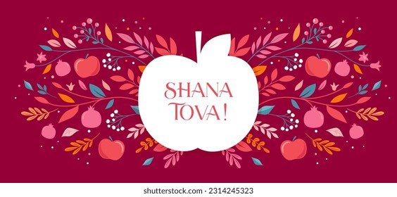 Rosh Hashanah background, floral banner with plants, flowers, apples and pomegranate . Shana Tova, Happy Jewish New Year, concept vector design