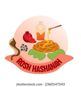 Rosh Hashanah background, Happy New Year. Toast, Apple leaves, honey, pomegranate, horn and jew. Jewish holiday Rosh Hashanah, vector flat holiday greeting element template.