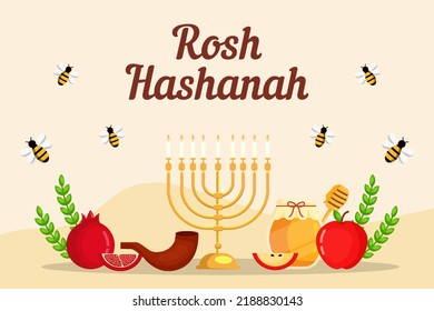 rosh hashanah background illustration with fruits, honey, and bees