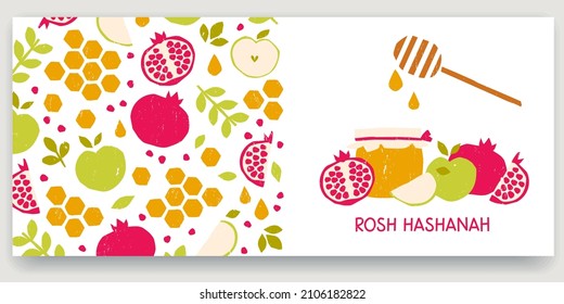 Banner de Rosh Hashanah con manzanas y granadas con miel. Símbolos tradicionales del Año Nuevo judío