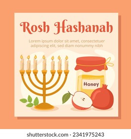 Rosh Hashanah banner concept. Golden candlestick with apple and honey can. Holiday and festival. Poster or cover for website. Cartoon flat vector illustration isolated on orange background